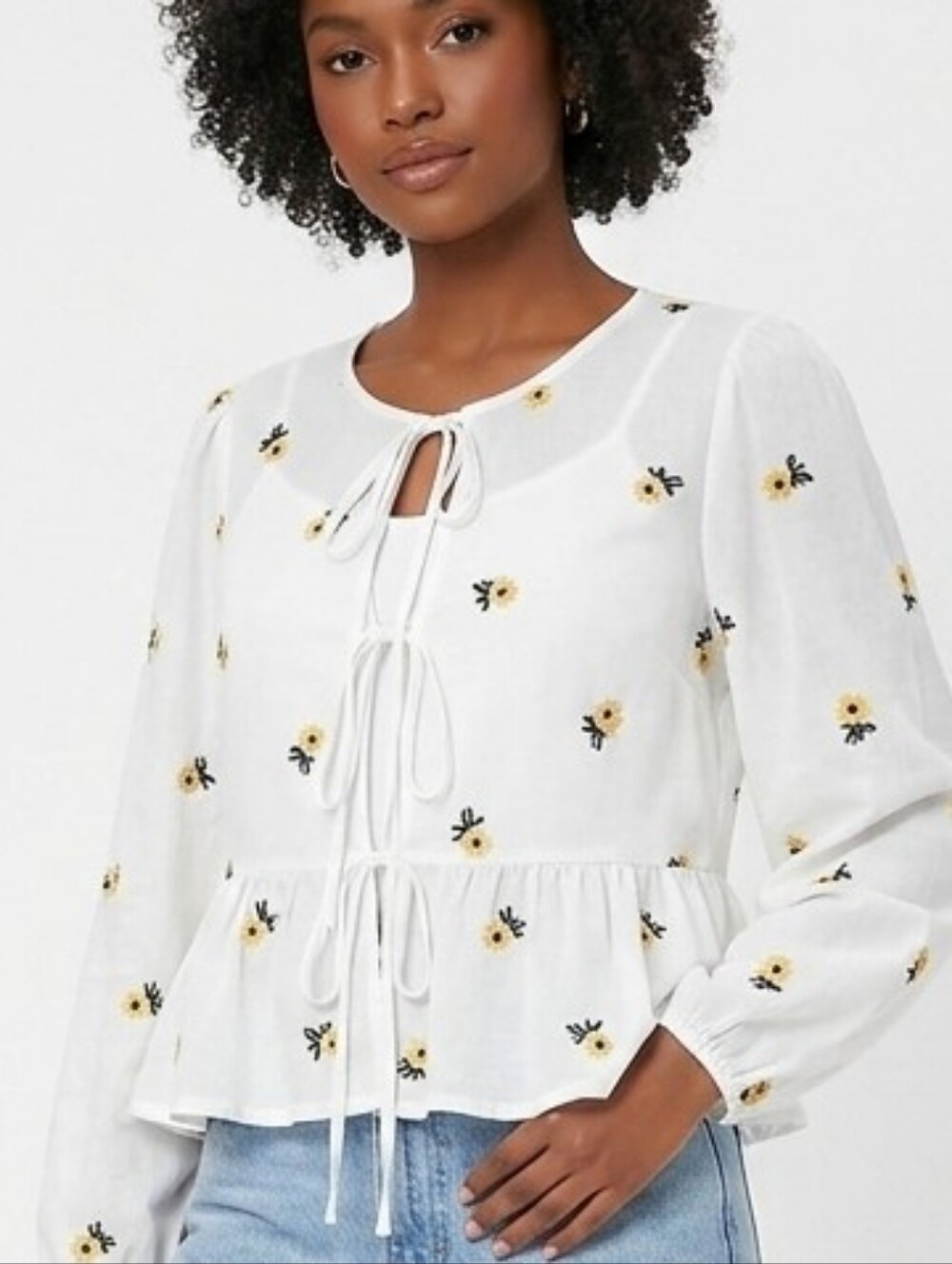 SHEIN White Peplum Tie-Front Top with Yellow Floral Embroidery